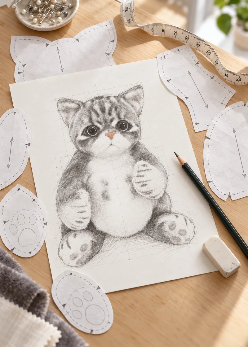 Карандашный эскиз кота и бумажные выкройки игрушки на столе